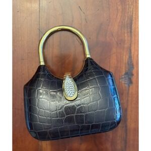 Vintage 80s Evening Bag w/h Gold Tone Pebbled Black Leather Rhinestones Top